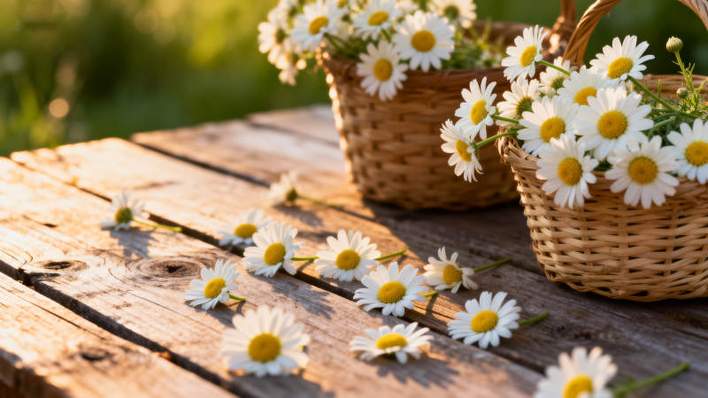 雏菊篮映木桌 暖阳温柔图片