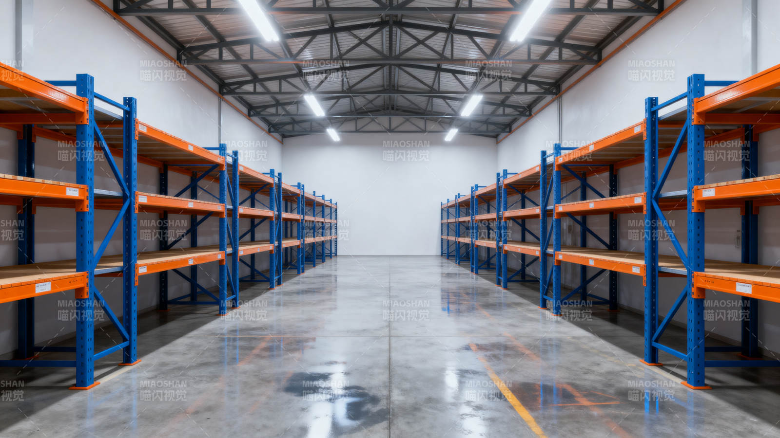 空旷仓库货架整齐排列图片