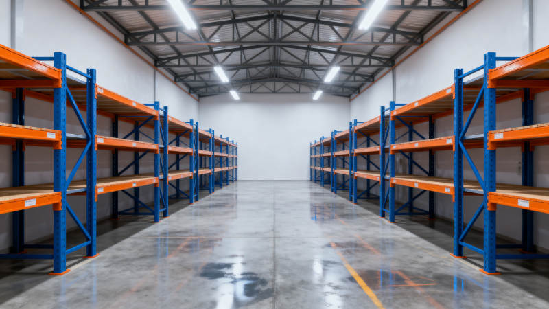 空旷仓库货架整齐排列图片