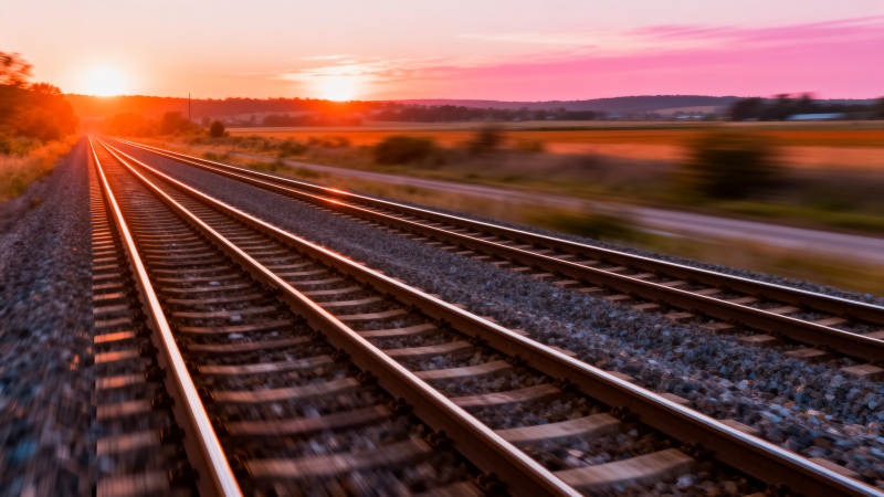 夕阳下的铁轨延伸向远方图片