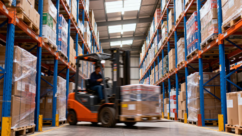 叉车穿梭仓库货架间图片