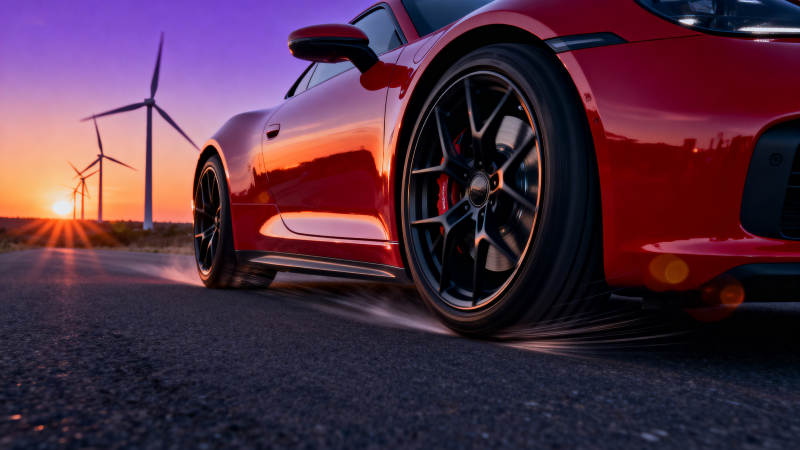红车疾驰 风车伴夕阳图片