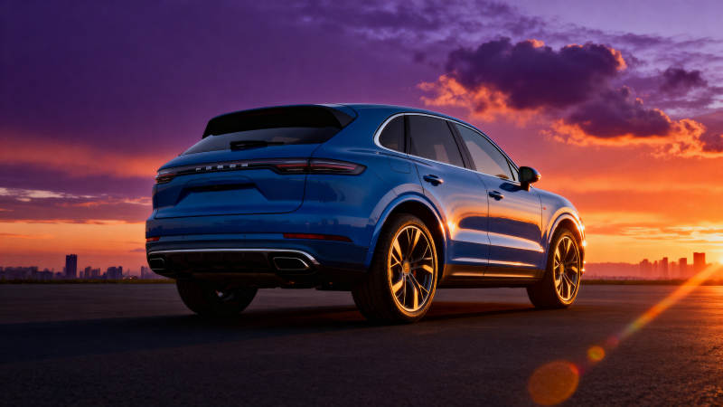 蓝保时捷日落剪影图片