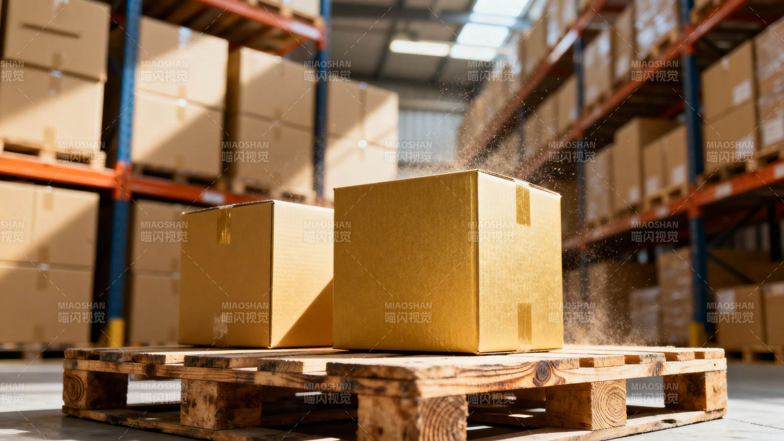 仓库纸箱堆叠 粉尘飞扬中图片