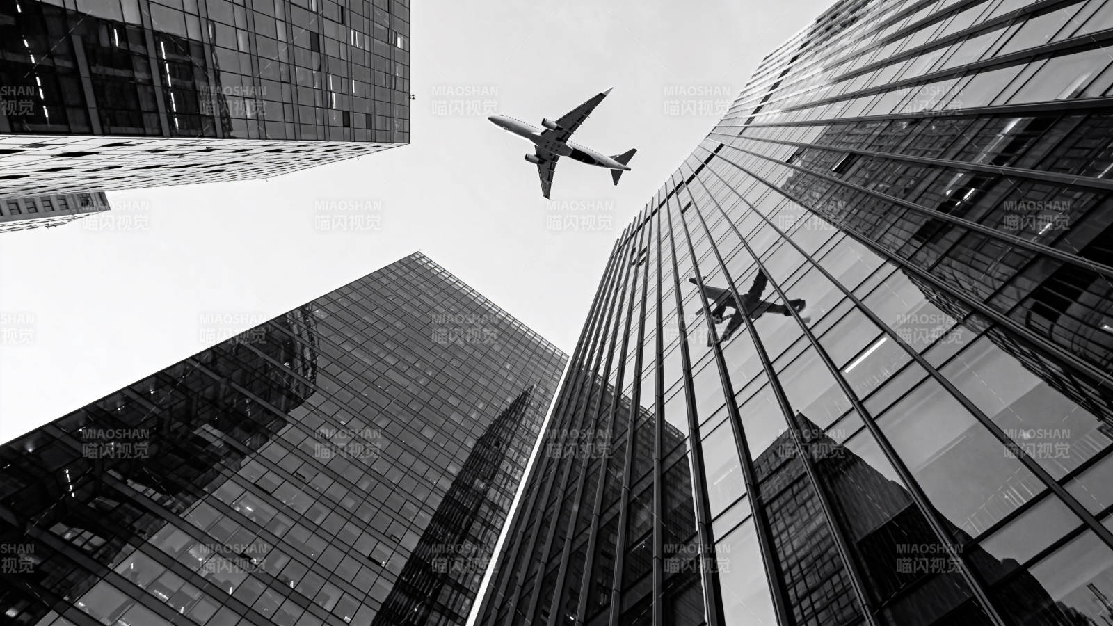 飞机掠过摩天楼群图片