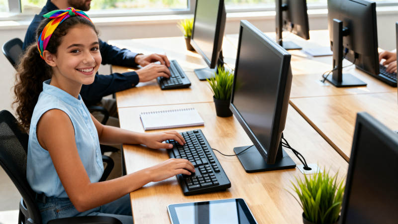 学生电脑课开心打字图片