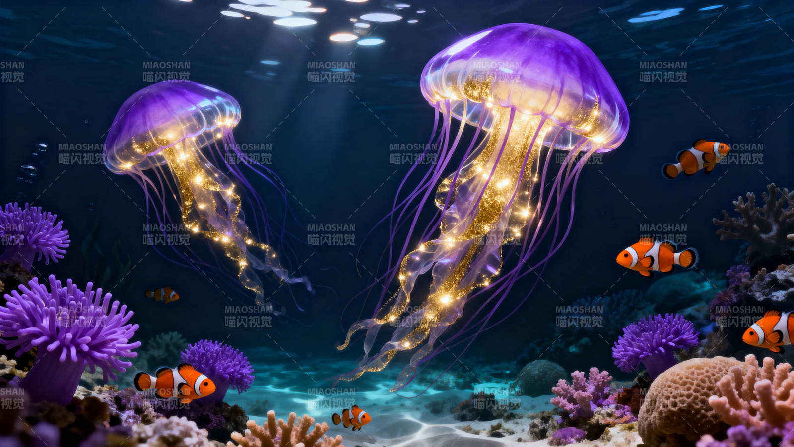 海底荧光水母与珊瑚鱼群图片