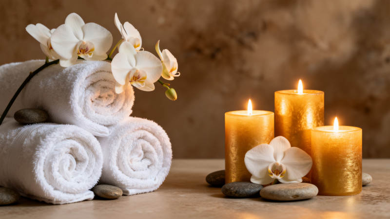 香薰蜡烛与毛巾的宁静时光图片