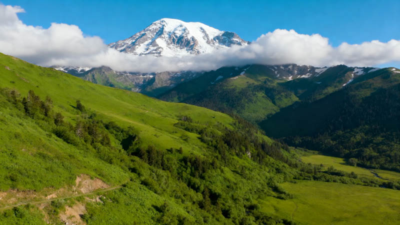 雪山绿谷 云绕峰峦图片