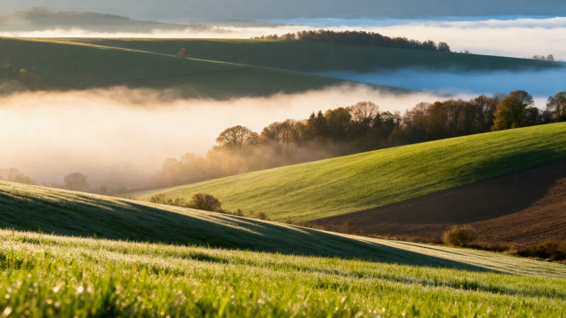 晨雾绕绿野 山丘沐金光图片