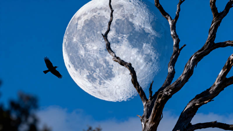 月夜枯枝 孤鸟飞过图片