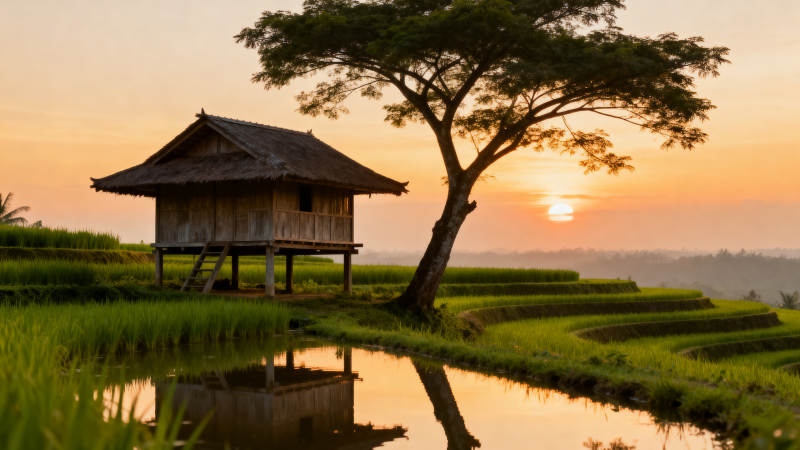 夕阳下的梯田小屋图片