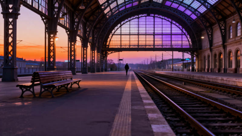 黄昏车站 孤影伴铁轨图片