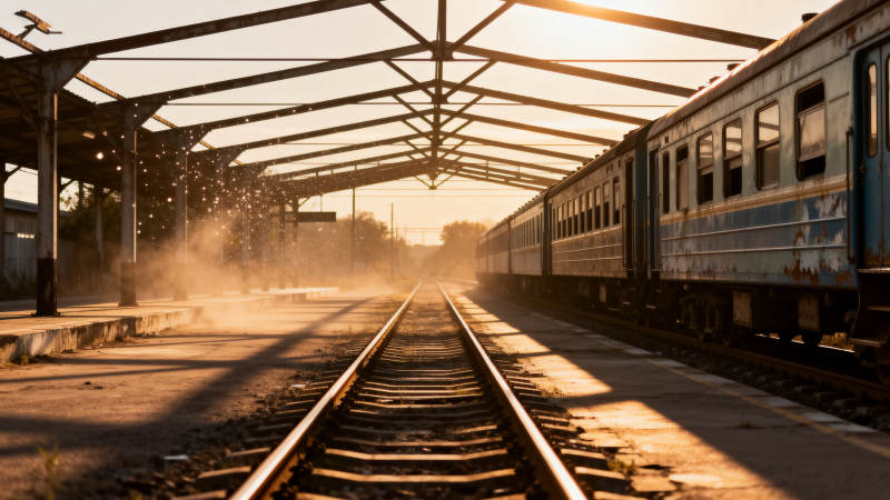 夕阳下的老站台与绿皮车图片