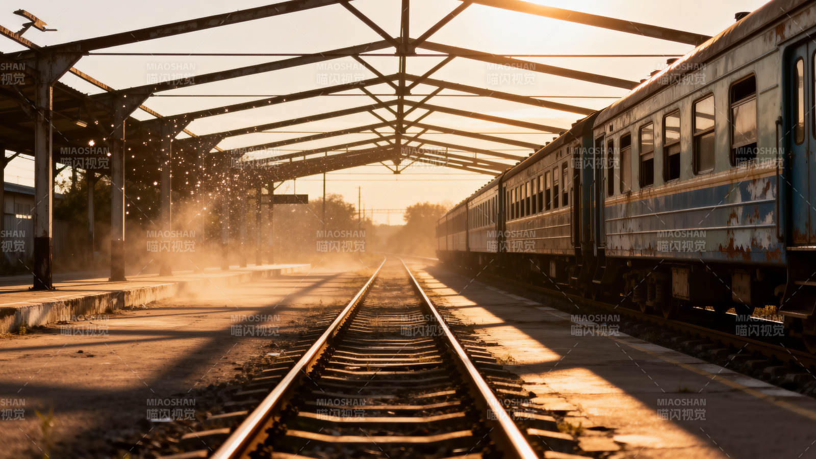 夕阳下的老站台与绿皮车图片