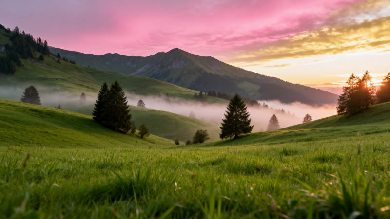 晨雾山峦 粉霞映绿野图片