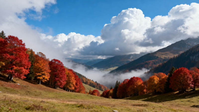 秋山红叶映云海图片