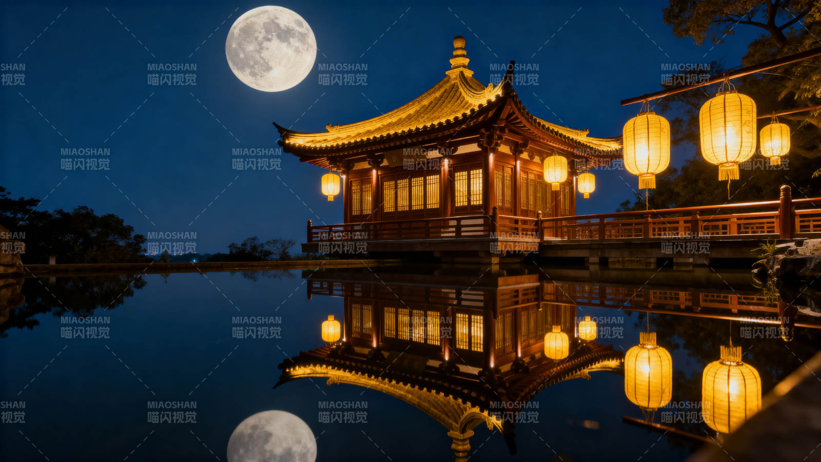 月夜古亭 灯火映水图片