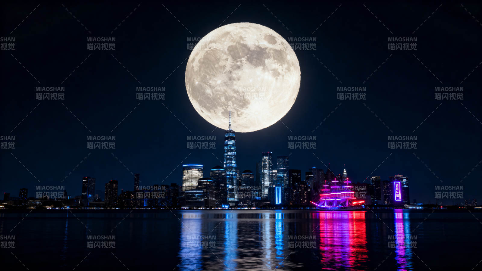 月满城楼 霓虹映水夜图片