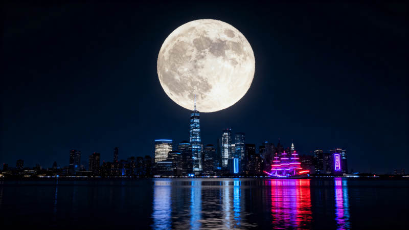 月满城楼 霓虹映水夜图片