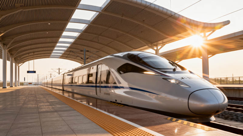 高铁进站 夕阳映照站台图片