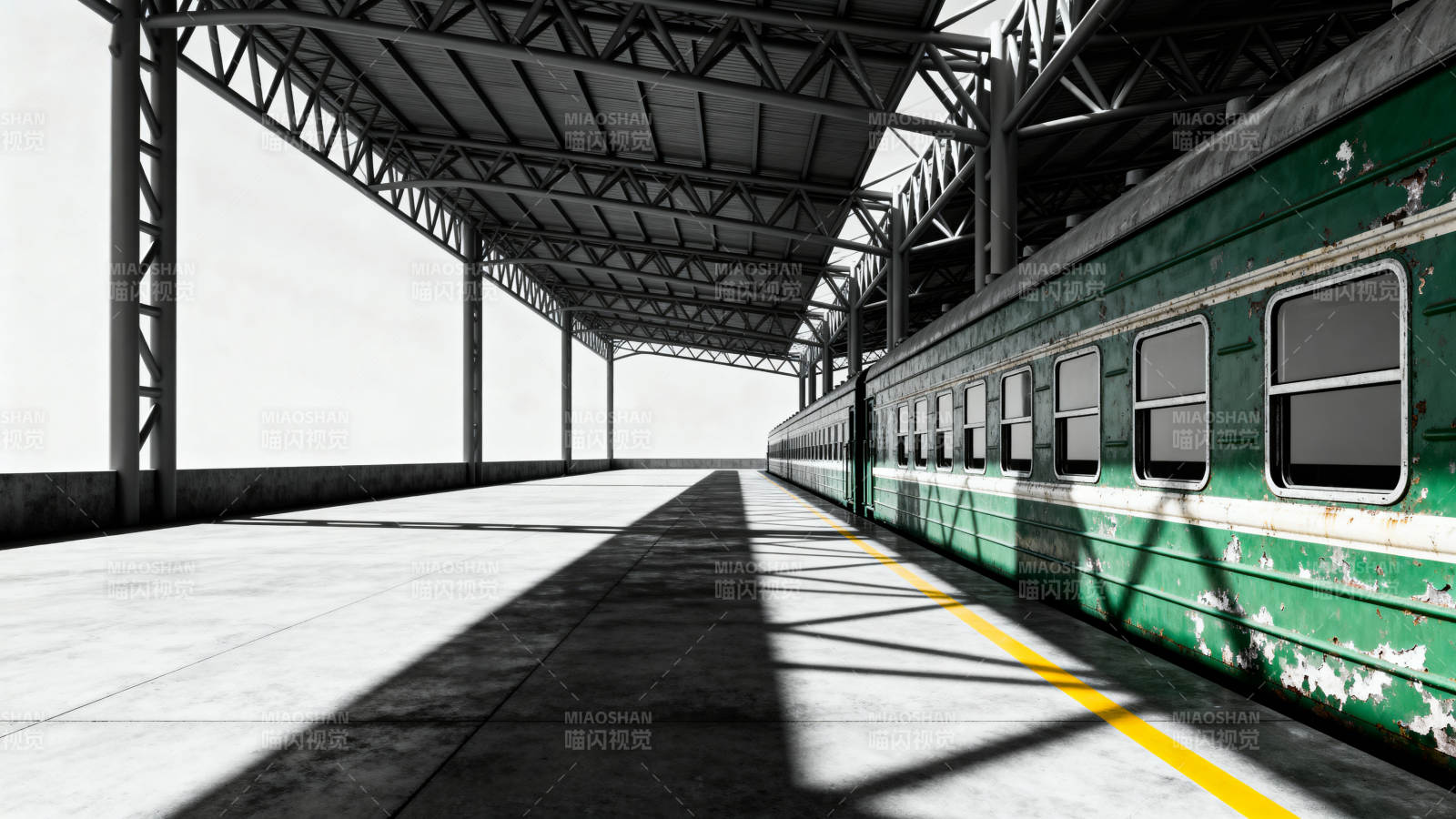 绿皮车静候站台旁图片