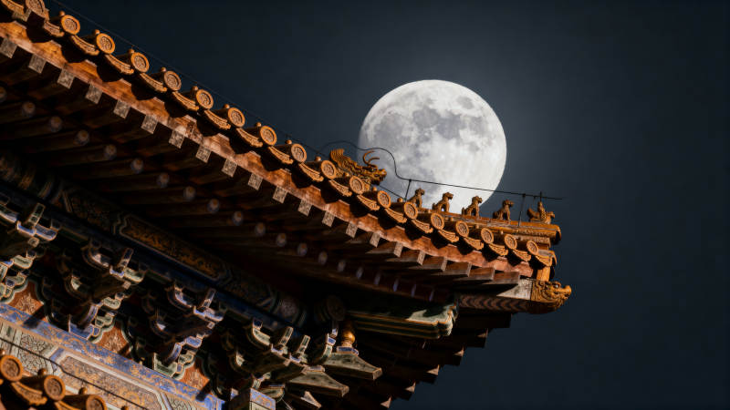 古建飞檐映明月图片