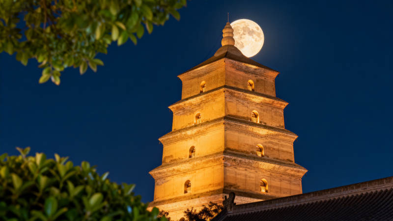 月照古塔 夜色温柔图片