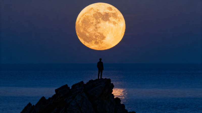 月夜孤影立礁石图片