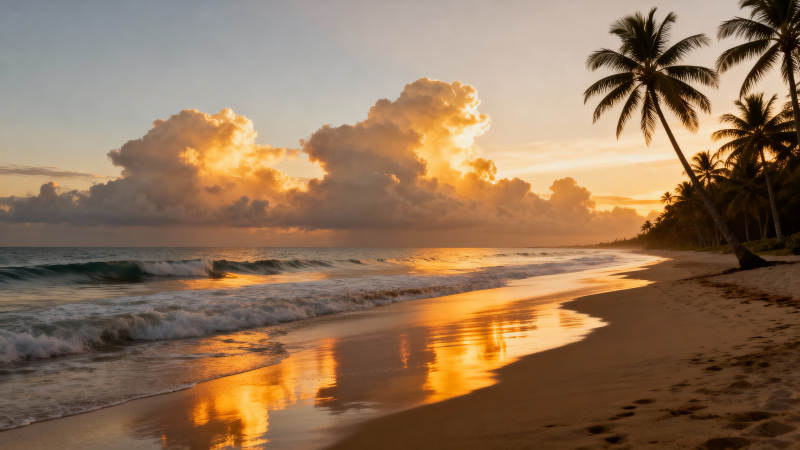 夕阳椰影 金浪吻沙滩图片