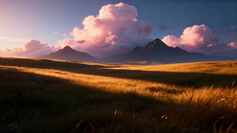 夕阳下的草原与远山图片