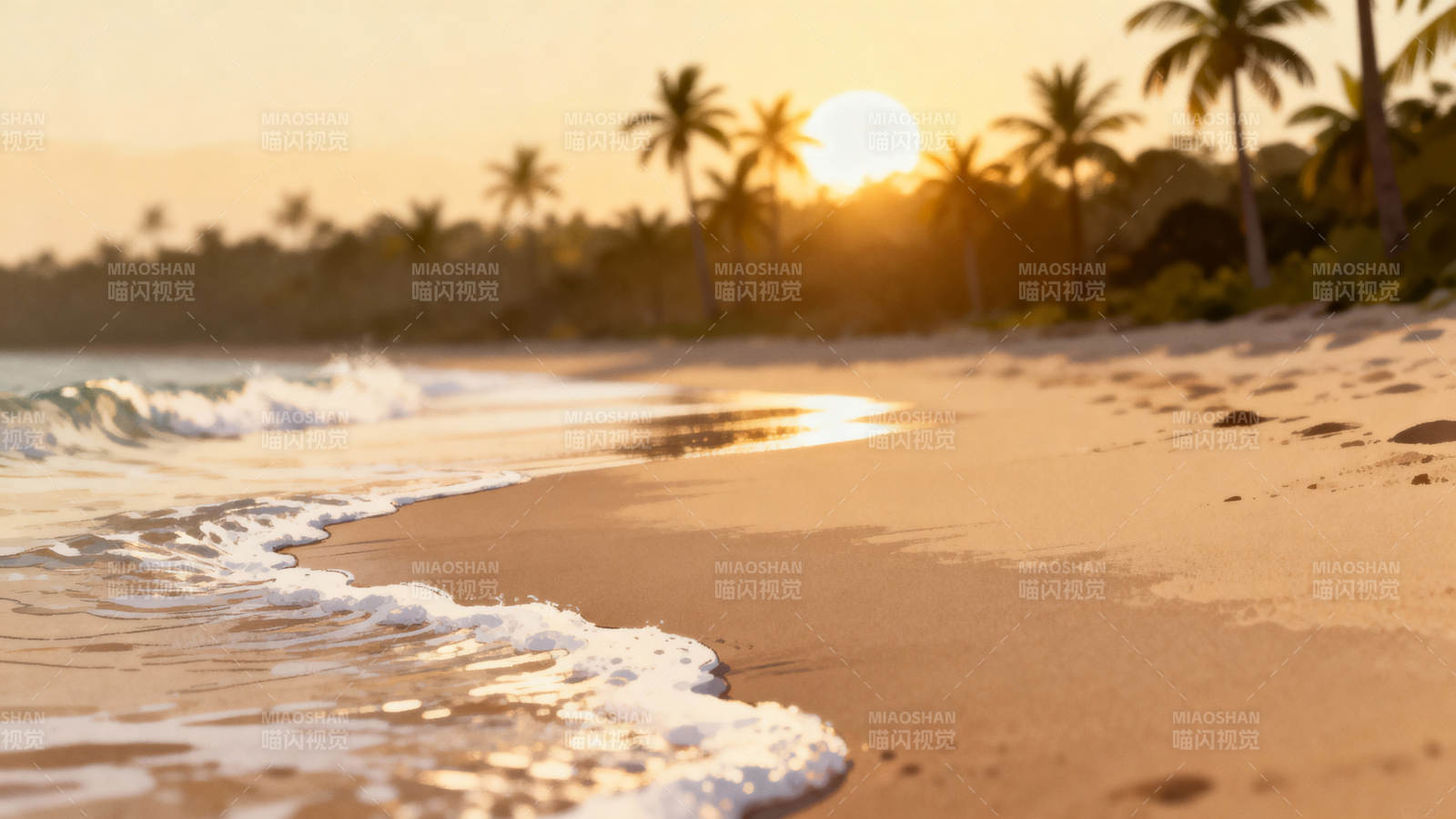 夕阳椰影 海浪轻吻沙滩图片