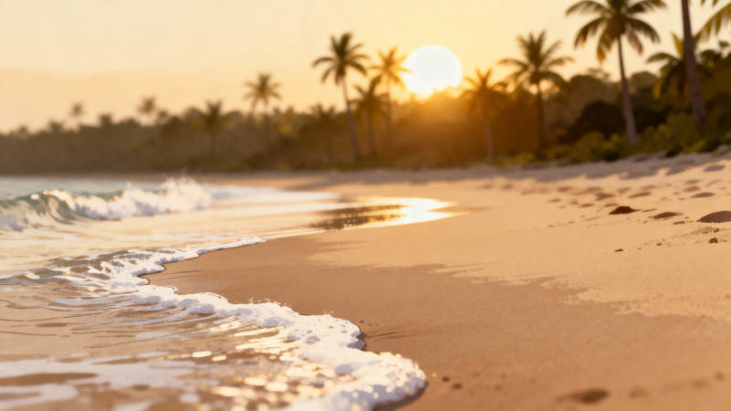 夕阳椰影 海浪轻吻沙滩图片