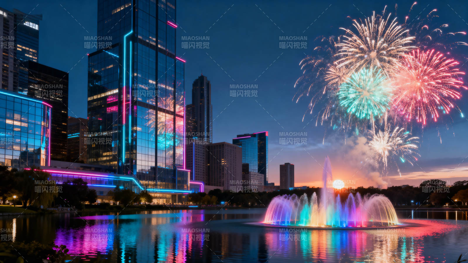 城市夜景烟花喷泉秀图片