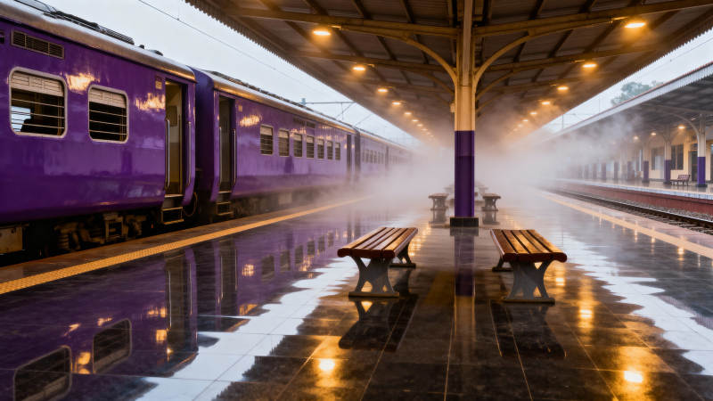 紫色列车停靠在雾气站台图片