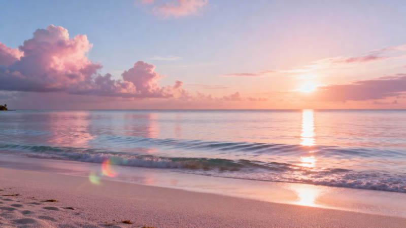 夕阳海滩 粉霞映海温柔夜图片