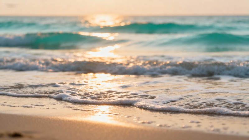 夕阳海浪轻抚沙滩图片