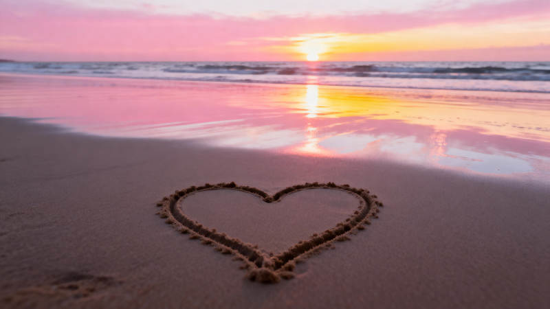 沙滩心形 夕阳浪漫图片