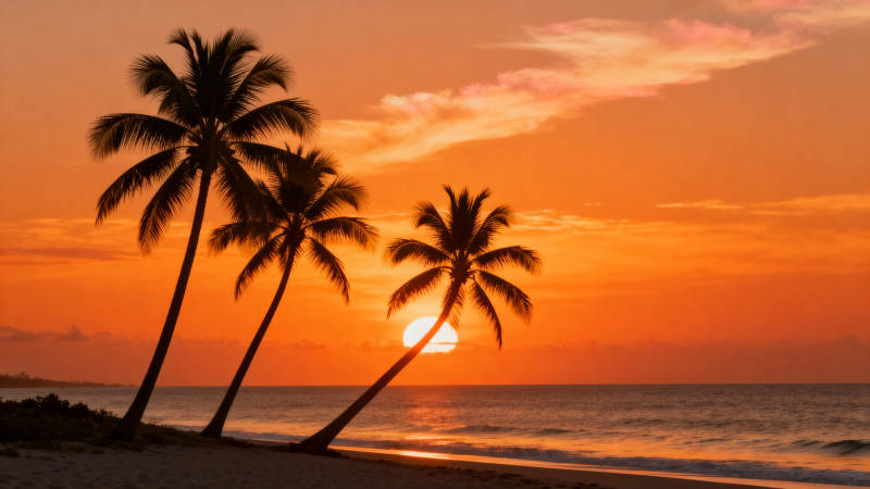 椰影夕阳 海天一色美如画图片