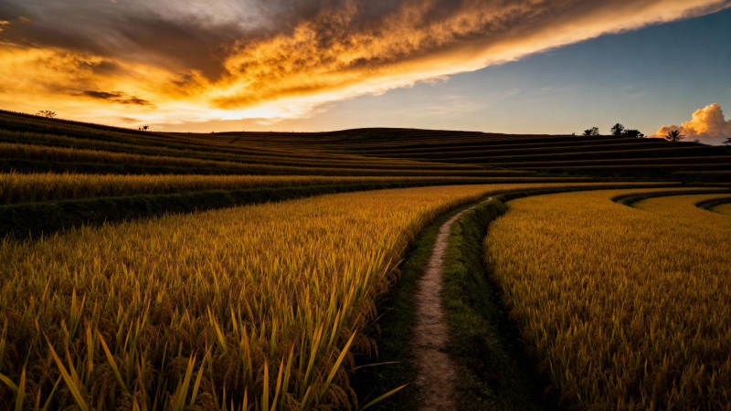 夕阳金稻 曲径通幽图片