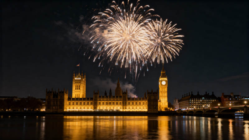 伦敦烟花夜 大本钟辉映泰晤士河图片