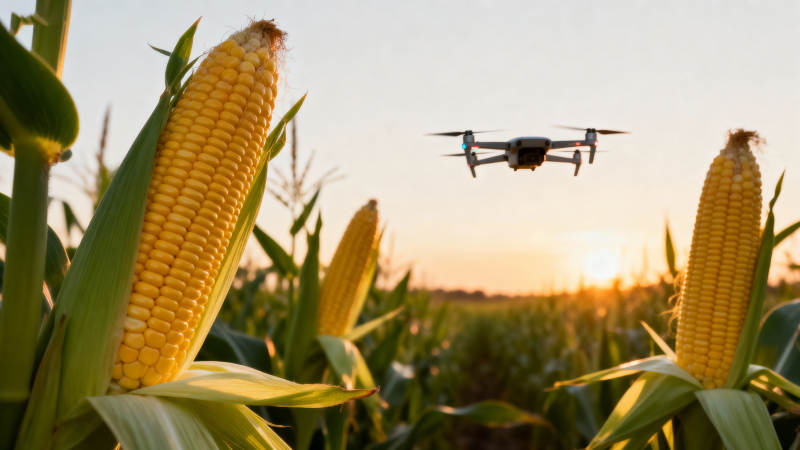 无人机巡玉米田 夕阳下丰收景图片