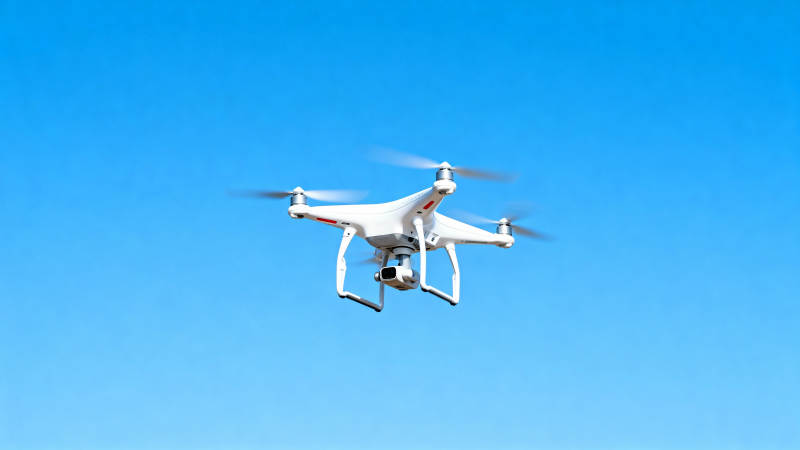 蓝天下的白色无人机飞行图片