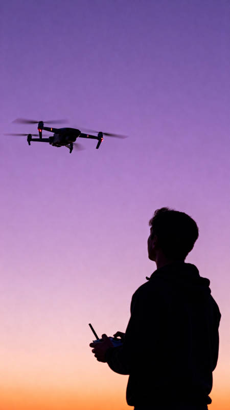 暮色中操控无人机飞行图片