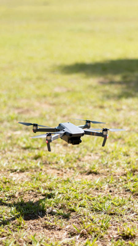 无人机低空悬停于草地图片