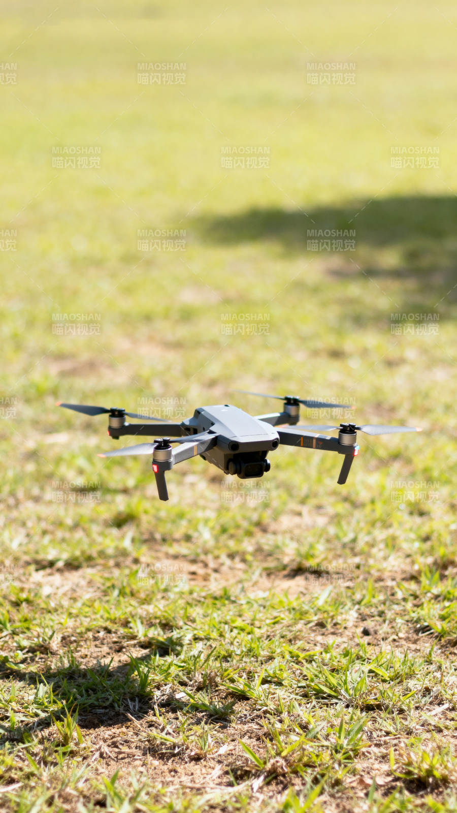 无人机低空悬停于草地图片
