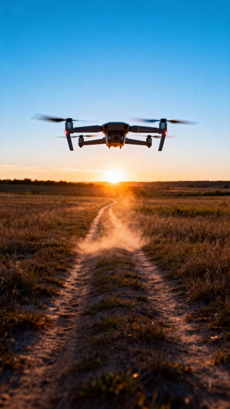 夕阳下无人机悬停乡野小径图片