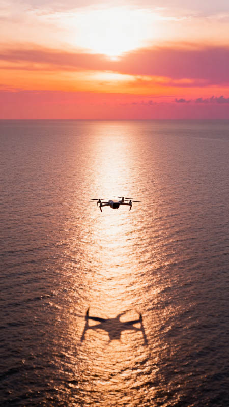 夕阳海面 无人机剪影飞行图片