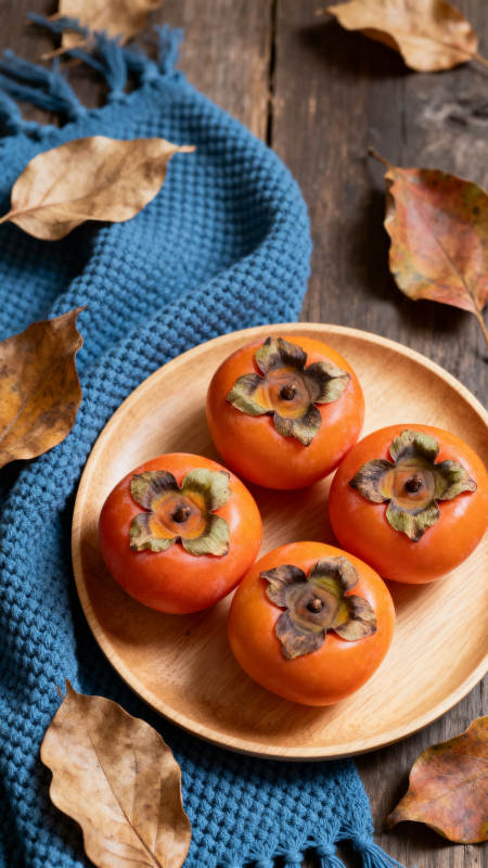 秋柿四颗 蓝巾落叶伴图片