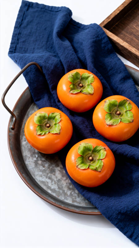 四颗柿子静置蓝布托盘上图片